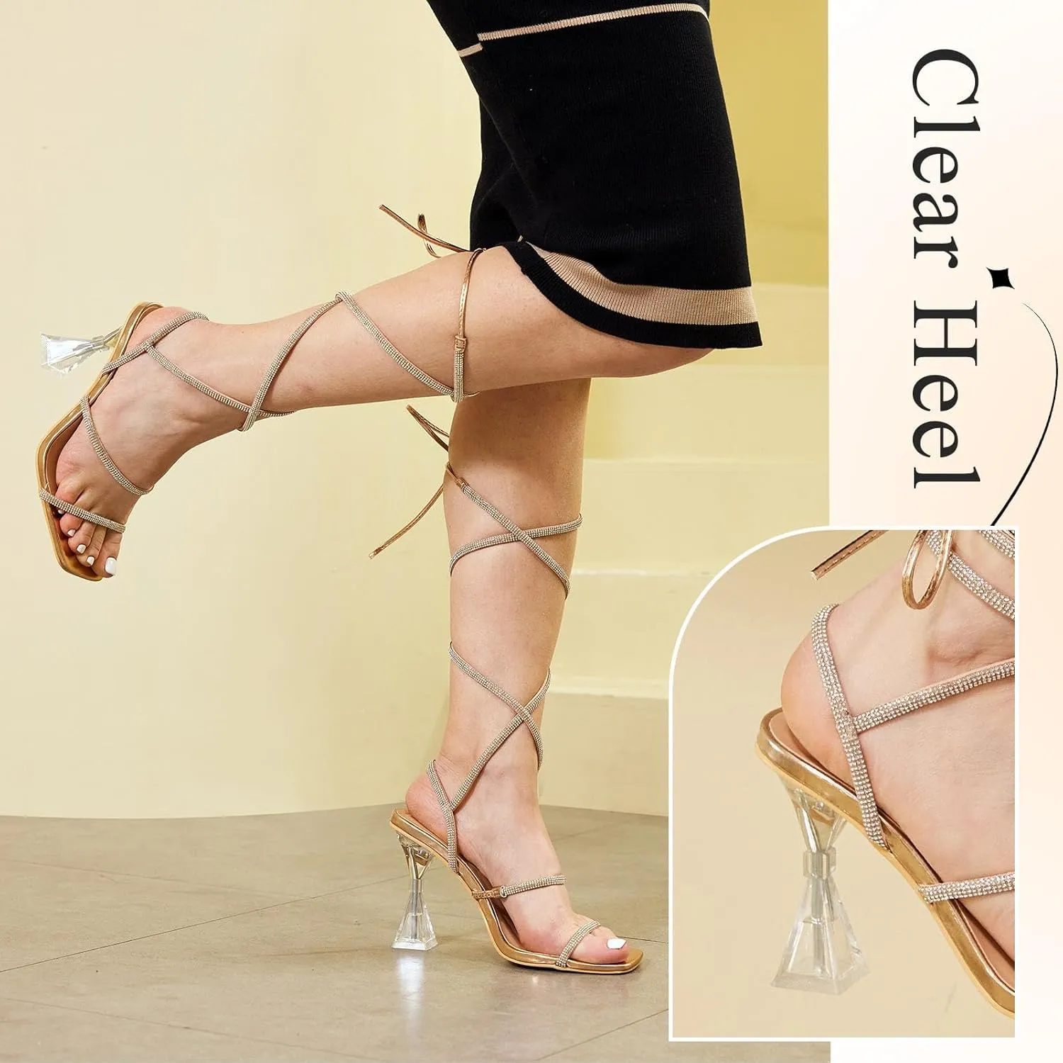 for Women Rhinestone Dressy Sandals Clear High Heels satisfy Athens happily Putu Strappy Sexy Heels 