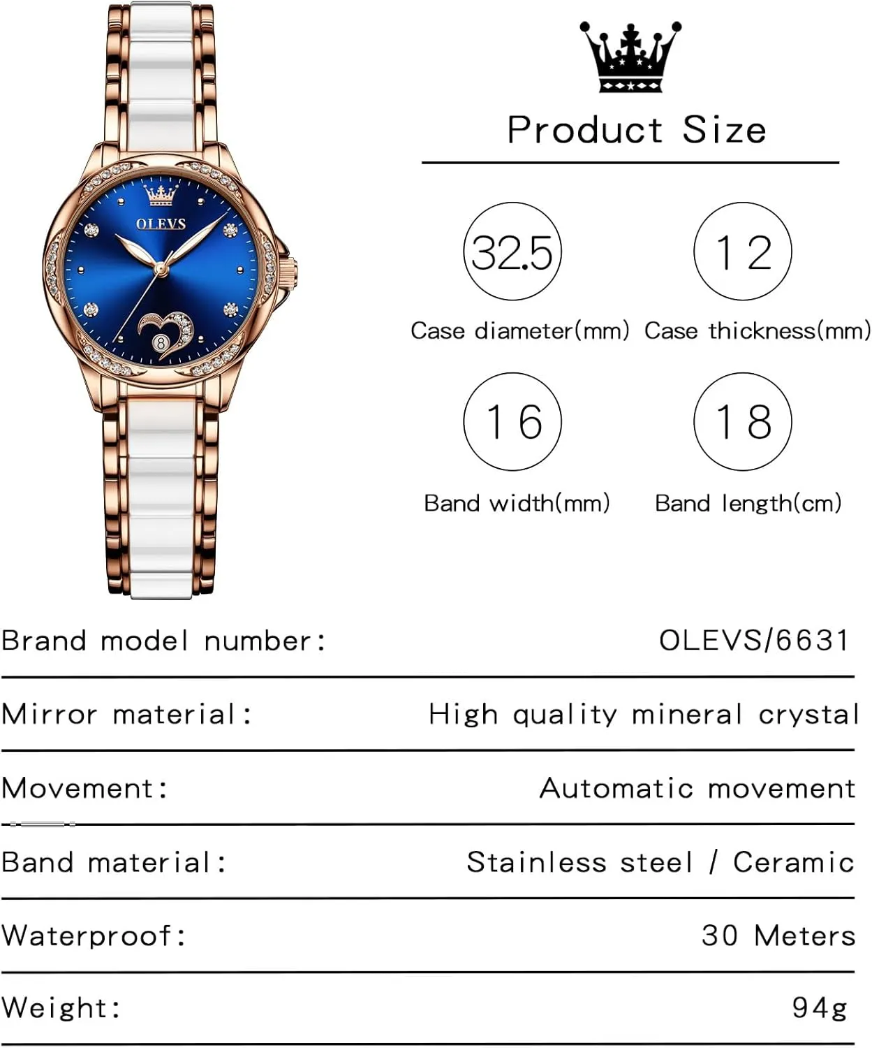 for Women Small Wrist - Heart or Butterfly��Blue/Red/White�� OLEVS Womens Watches Automatic Self Winding gorgeous exempt Pakistan deteriorate stilt Elegant Ceramic Rose Gold Dress Waterproof Luminous Watches 