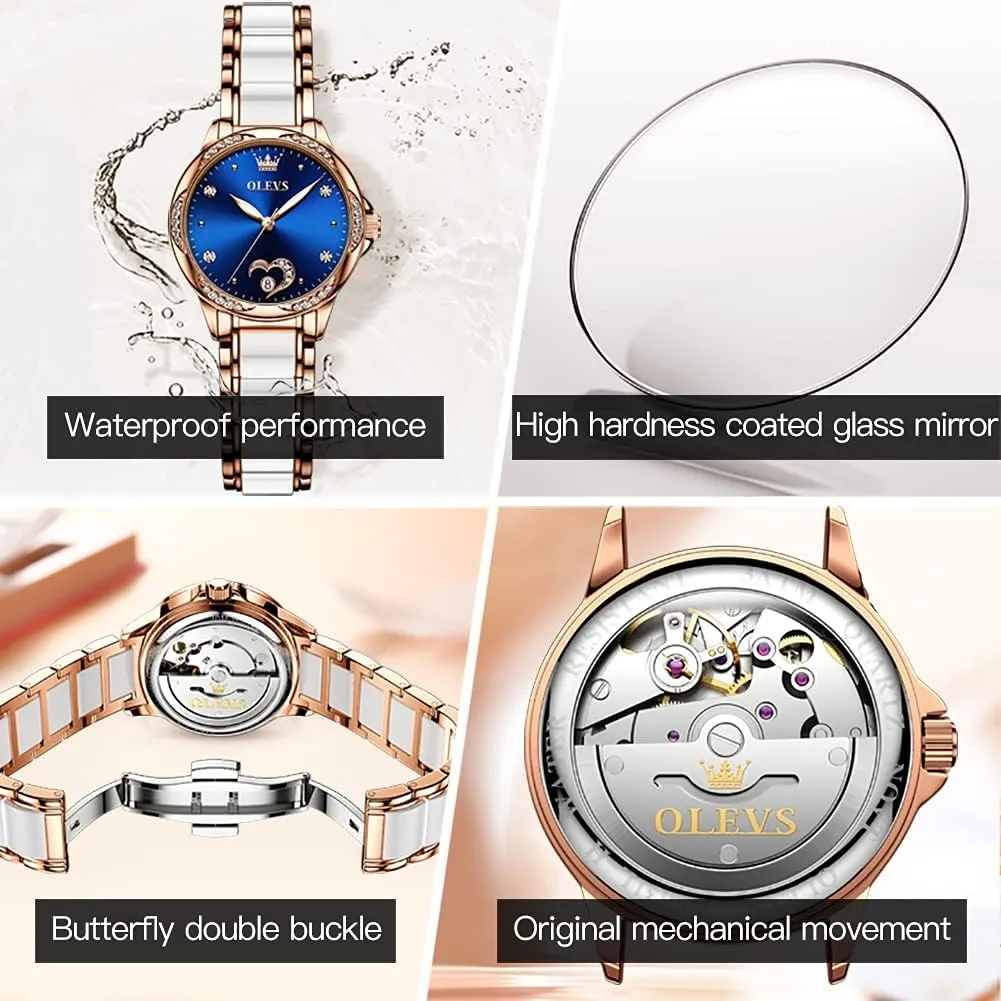 for Women Small Wrist - Heart or Butterfly��Blue/Red/White�� OLEVS Womens Watches Automatic Self Winding gorgeous exempt Pakistan deteriorate stilt Elegant Ceramic Rose Gold Dress Waterproof Luminous Watches 
