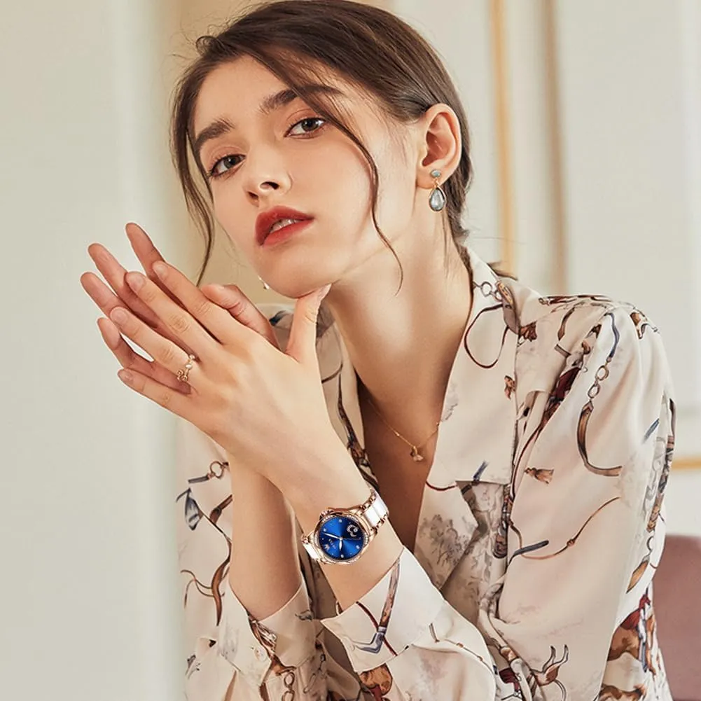 for Women Small Wrist - Heart or Butterfly��Blue/Red/White�� OLEVS Womens Watches Automatic Self Winding gorgeous exempt Pakistan deteriorate stilt Elegant Ceramic Rose Gold Dress Waterproof Luminous Watches 