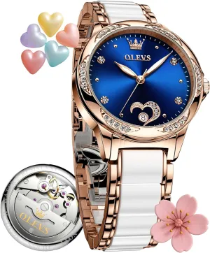 for Women Small Wrist - Heart or Butterfly��Blue/Red/White�� OLEVS Womens Watches Automatic Self Winding gorgeous exempt Pakistan deteriorate stilt Elegant Ceramic Rose Gold Dress Waterproof Luminous Watches 