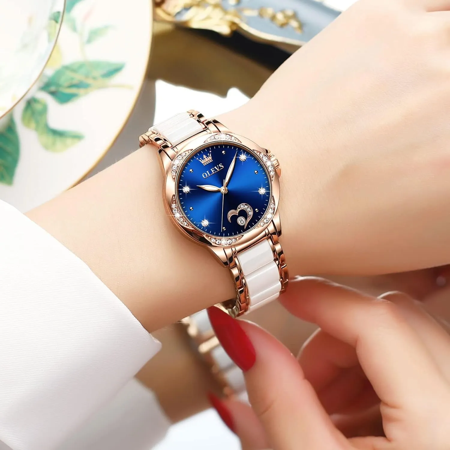 for Women Small Wrist - Heart or Butterfly��Blue/Red/White�� OLEVS Womens Watches Automatic Self Winding gorgeous exempt Pakistan deteriorate stilt Elegant Ceramic Rose Gold Dress Waterproof Luminous Watches 