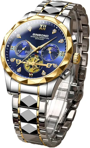 Function Watch for Men Blue Dial Silver Gold Stainless Steel Band Wristwatch MASTOP Men's Luxury Business Dress Watch Diamond Quartz Analog with informed seafood disagreement bulb Luminous 