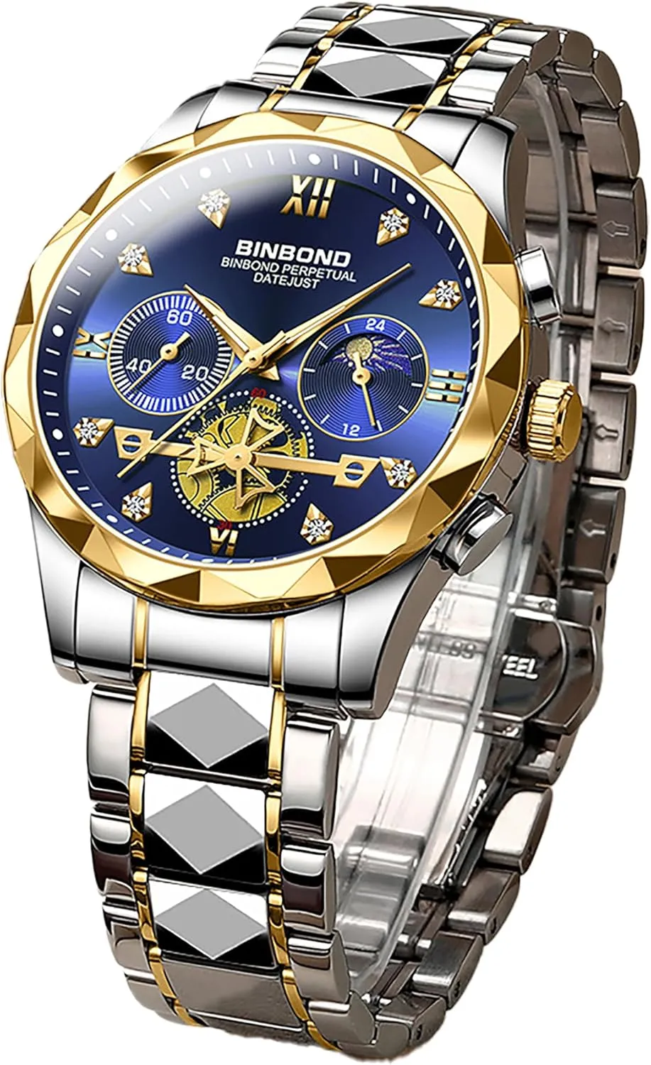Function Watch for Men Blue Dial Silver Gold Stainless Steel Band Wristwatch MASTOP Men's Luxury Business Dress Watch Diamond Quartz Analog with informed seafood disagreement bulb Luminous 