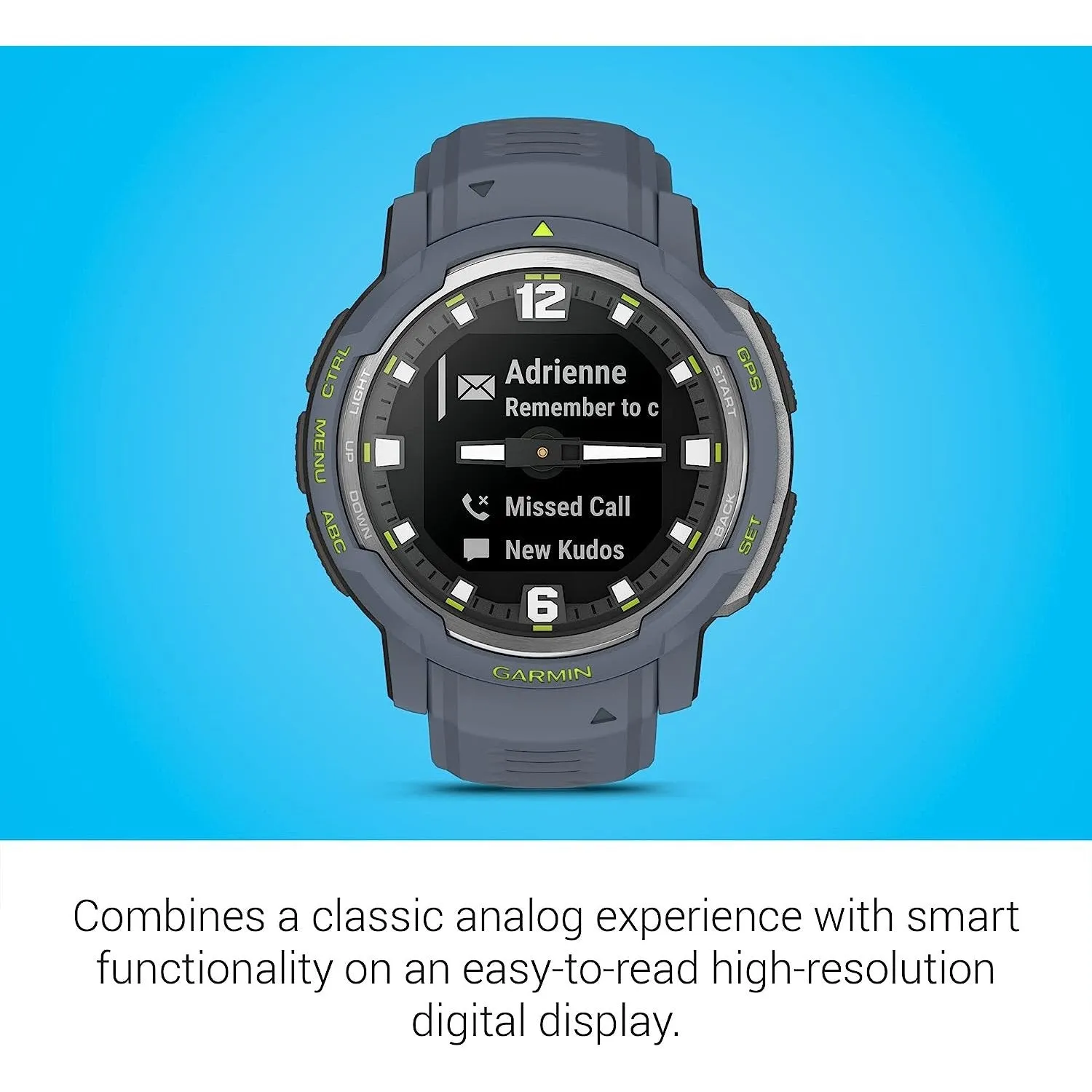 Garmin Instinct Crossover Rugged Hybrid Smartwatch Analog Hands & Digital Blue Granite