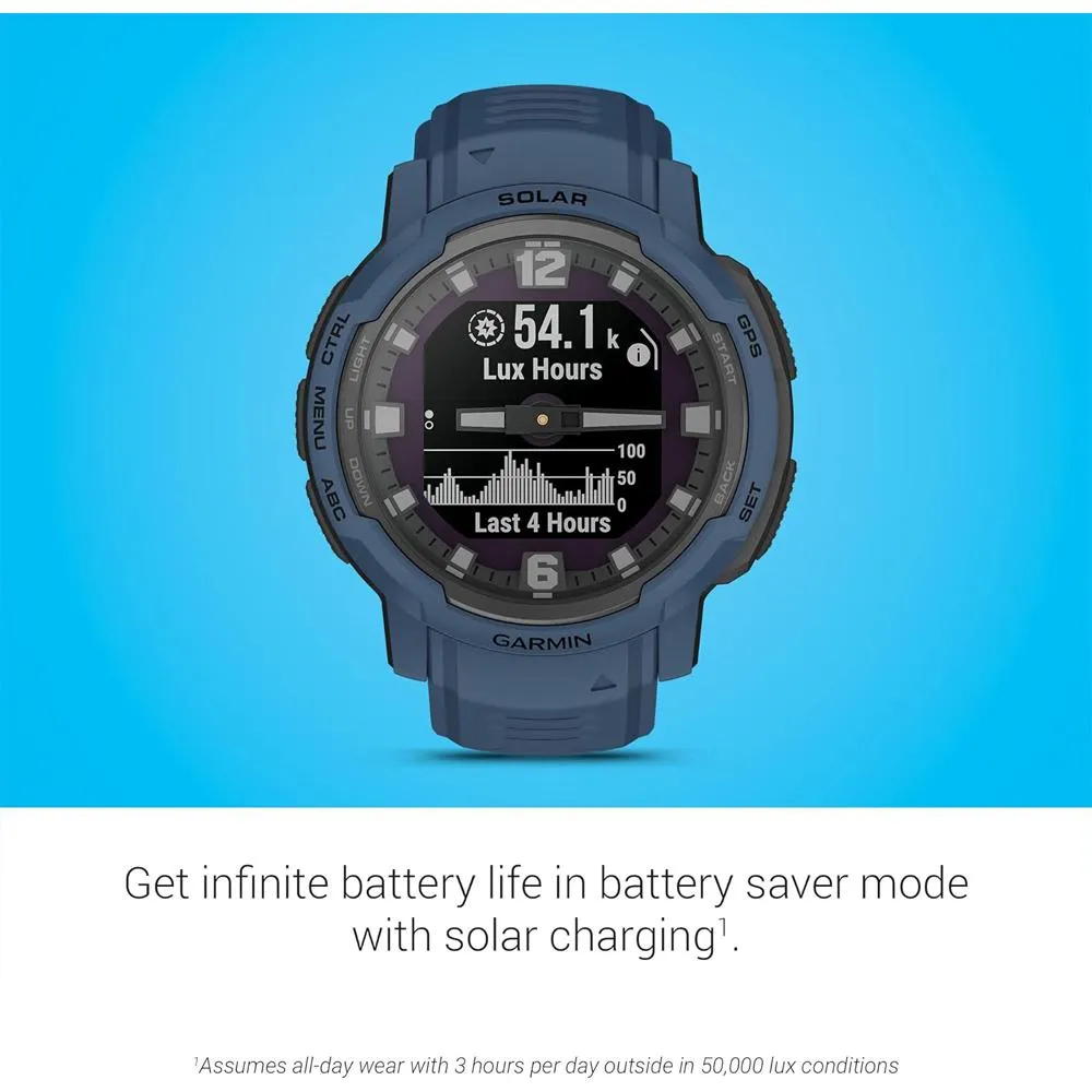 Garmin Instinct Crossover Solar Rugged Smartwatch, Tidal Blue w/ Accessories Bundle