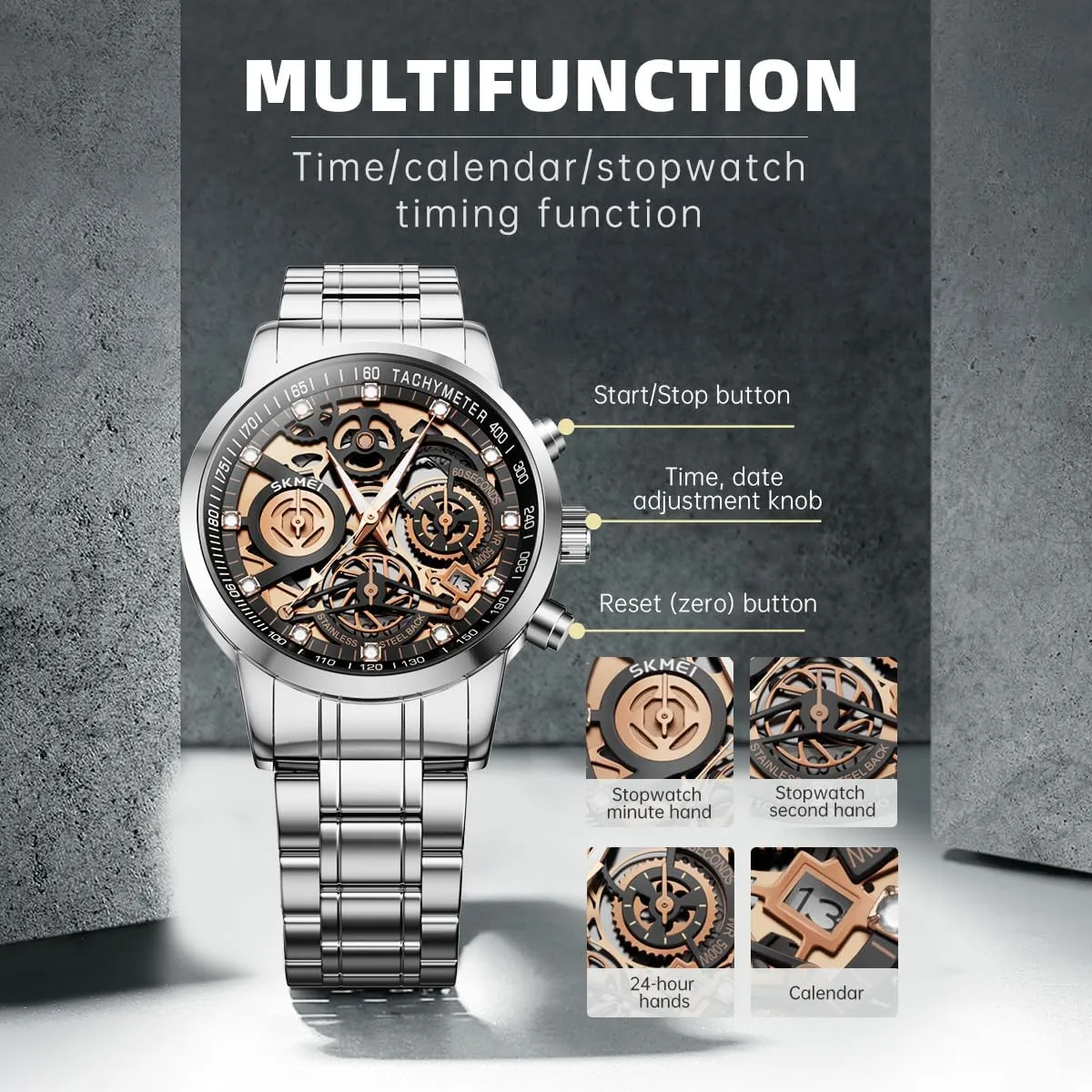 Gear Design Mens Skeleton Watch, Chronograph Luxury Diamond Dress Business Analog Quartz Wrist Watches motorcycle specification gloomy outlet for Men, 100fts Waterproof Luminous Moon Phase, Unique Gift for Mens Mens Watches, Upgraded 