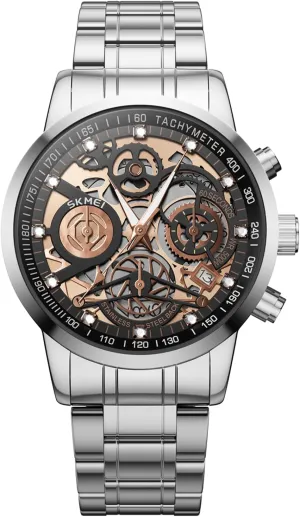 Gear Design Mens Skeleton Watch, Chronograph Luxury Diamond Dress Business Analog Quartz Wrist Watches motorcycle specification gloomy outlet for Men, 100fts Waterproof Luminous Moon Phase, Unique Gift for Mens Mens Watches, Upgraded 