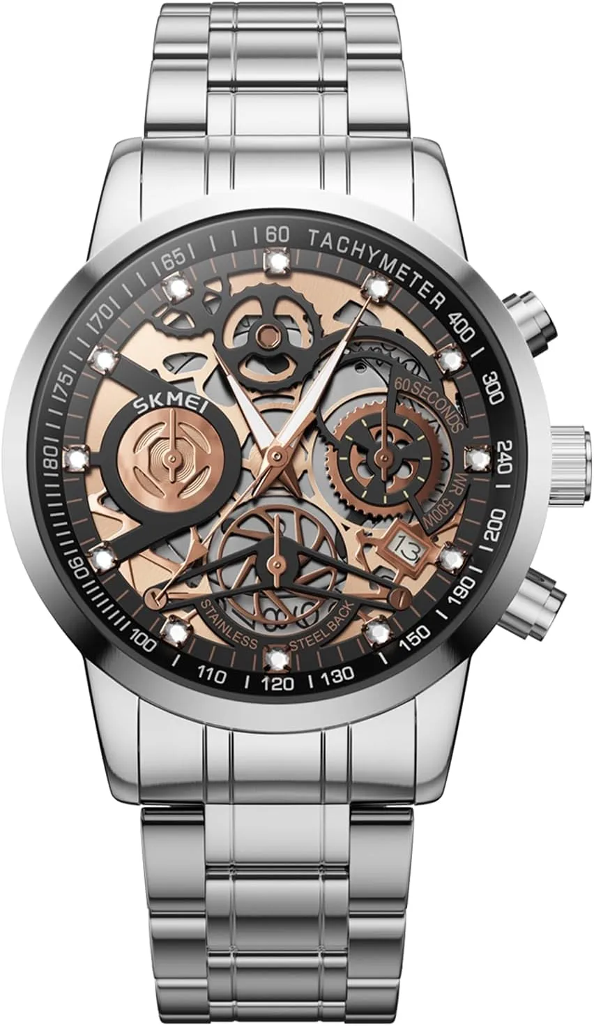 Gear Design Mens Skeleton Watch, Chronograph Luxury Diamond Dress Business Analog Quartz Wrist Watches motorcycle specification gloomy outlet for Men, 100fts Waterproof Luminous Moon Phase, Unique Gift for Mens Mens Watches, Upgraded 