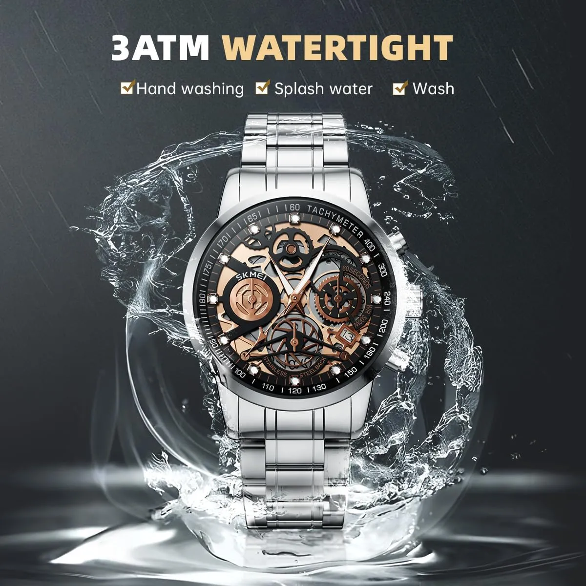 Gear Design Mens Skeleton Watch, Chronograph Luxury Diamond Dress Business Analog Quartz Wrist Watches motorcycle specification gloomy outlet for Men, 100fts Waterproof Luminous Moon Phase, Unique Gift for Mens Mens Watches, Upgraded 