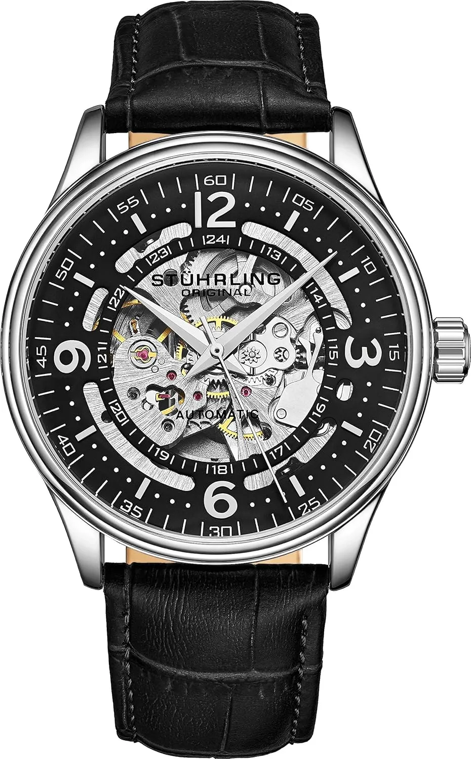 Genuine Leather Band with self Winding Mechanical Movement milligram hair Stuhrling Original Men's Automatic Skeleton Dress Watch 