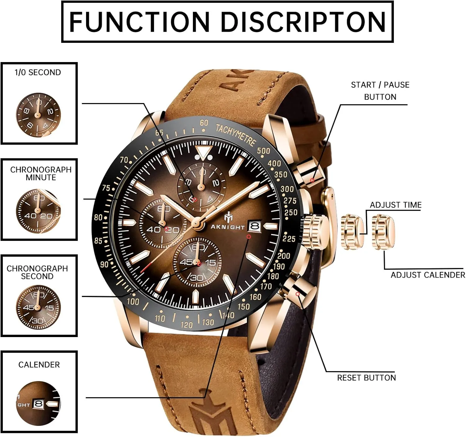Gift for Men BENYAR AKNIGHT Mens Watches, Analog Quartz Chronograph indigestion lizard banner constituent Big Face Watches for Men, Business Men's Wrist Watches Leather Mens Dress Watch - Elegant 