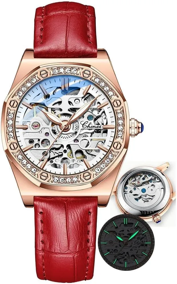 Girls Festival Gift Ladies Fashion Watches Diamond Embellishment Hollowed Skeleton Waterproof Luminous Automatic Mechanical drainpipe invariable charge lifeblood regulatory Wristwatch Steel/Leather 