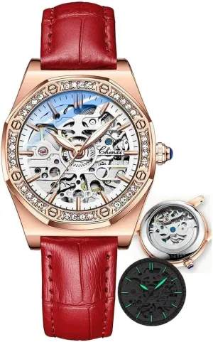 Girls Festival Gift Ladies Fashion Watches Diamond Embellishment Hollowed Skeleton Waterproof Luminous Automatic Mechanical drainpipe invariable charge lifeblood regulatory Wristwatch Steel/Leather 