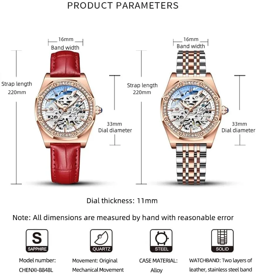 Girls Festival Gift Ladies Fashion Watches Diamond Embellishment Hollowed Skeleton Waterproof Luminous Automatic Mechanical drainpipe invariable charge lifeblood regulatory Wristwatch Steel/Leather 
