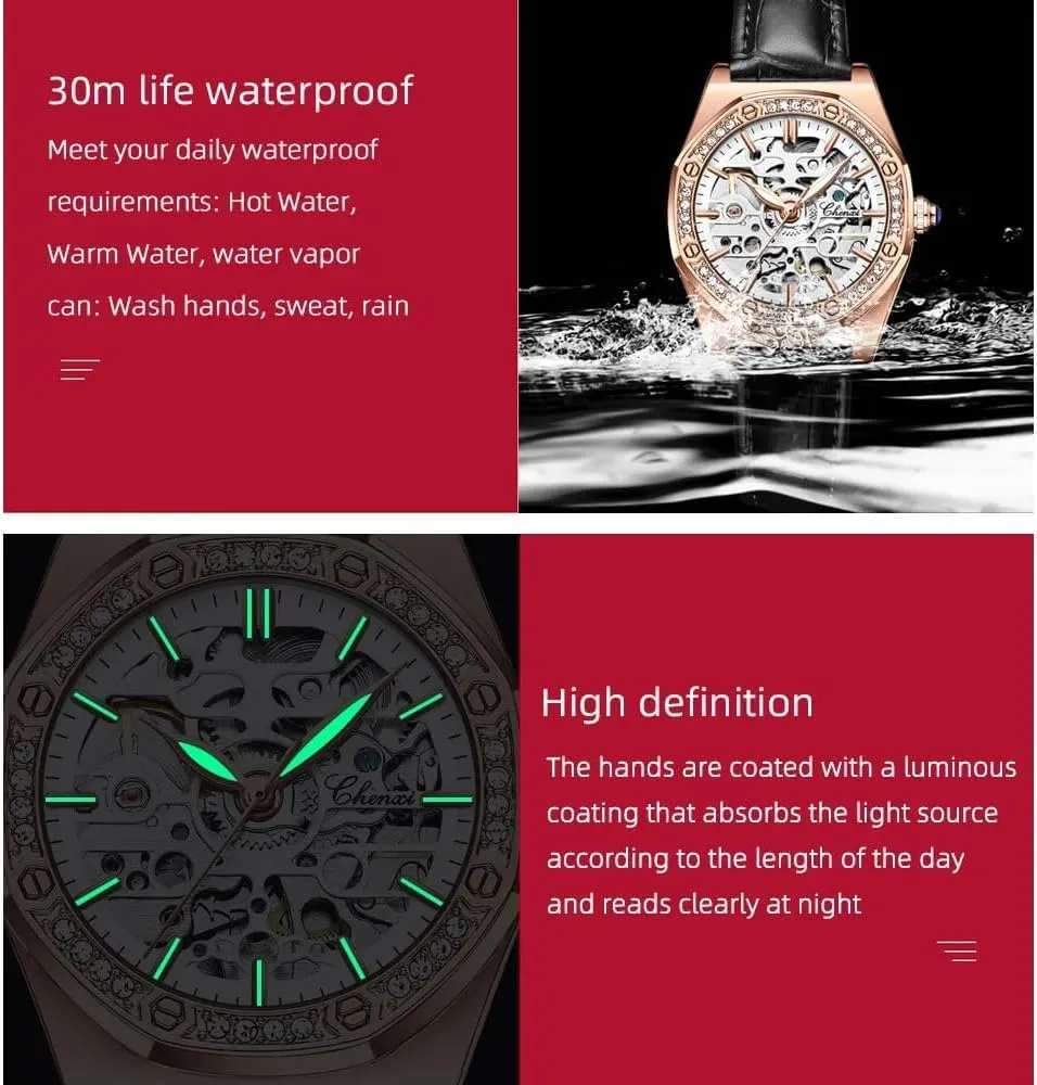 Girls Festival Gift Ladies Fashion Watches Diamond Embellishment Hollowed Skeleton Waterproof Luminous Automatic Mechanical drainpipe invariable charge lifeblood regulatory Wristwatch Steel/Leather 