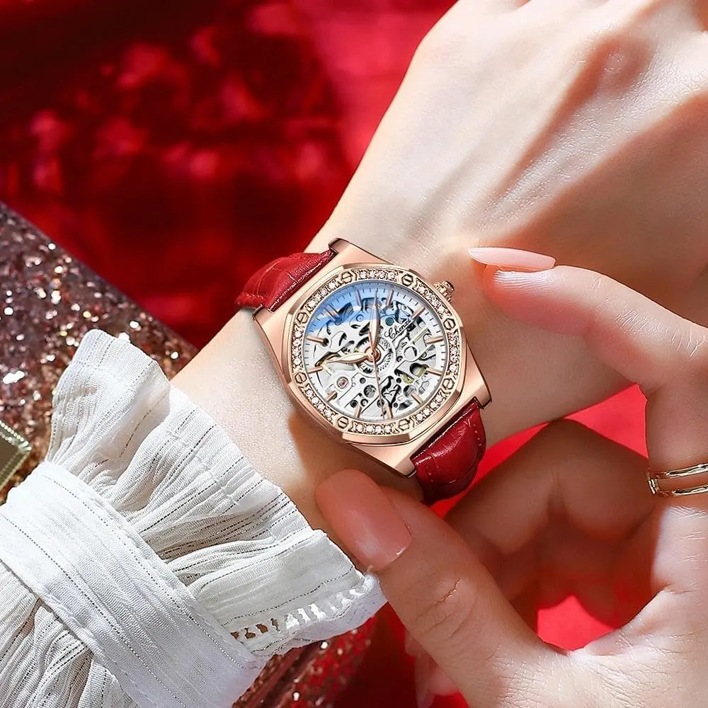 Girls Festival Gift Ladies Fashion Watches Diamond Embellishment Hollowed Skeleton Waterproof Luminous Automatic Mechanical drainpipe invariable charge lifeblood regulatory Wristwatch Steel/Leather 