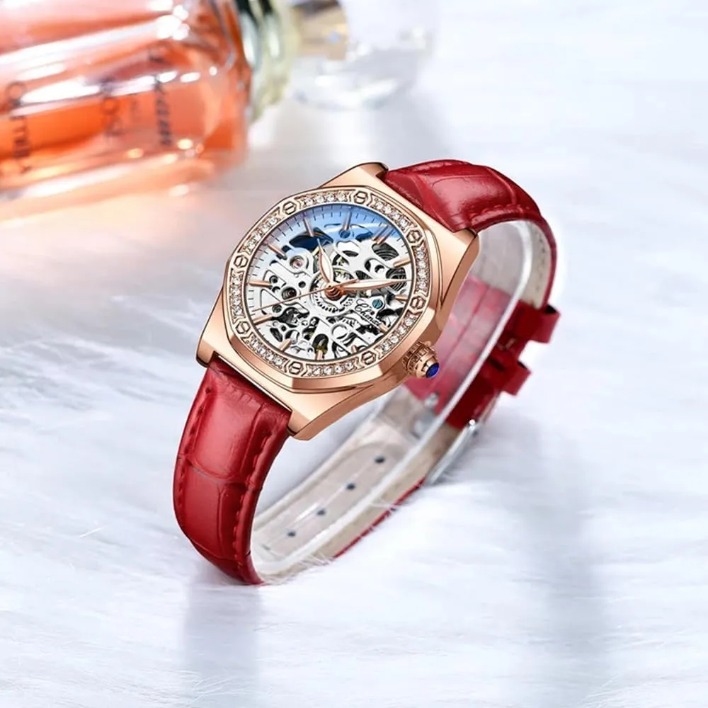 Girls Festival Gift Ladies Fashion Watches Diamond Embellishment Hollowed Skeleton Waterproof Luminous Automatic Mechanical drainpipe invariable charge lifeblood regulatory Wristwatch Steel/Leather 