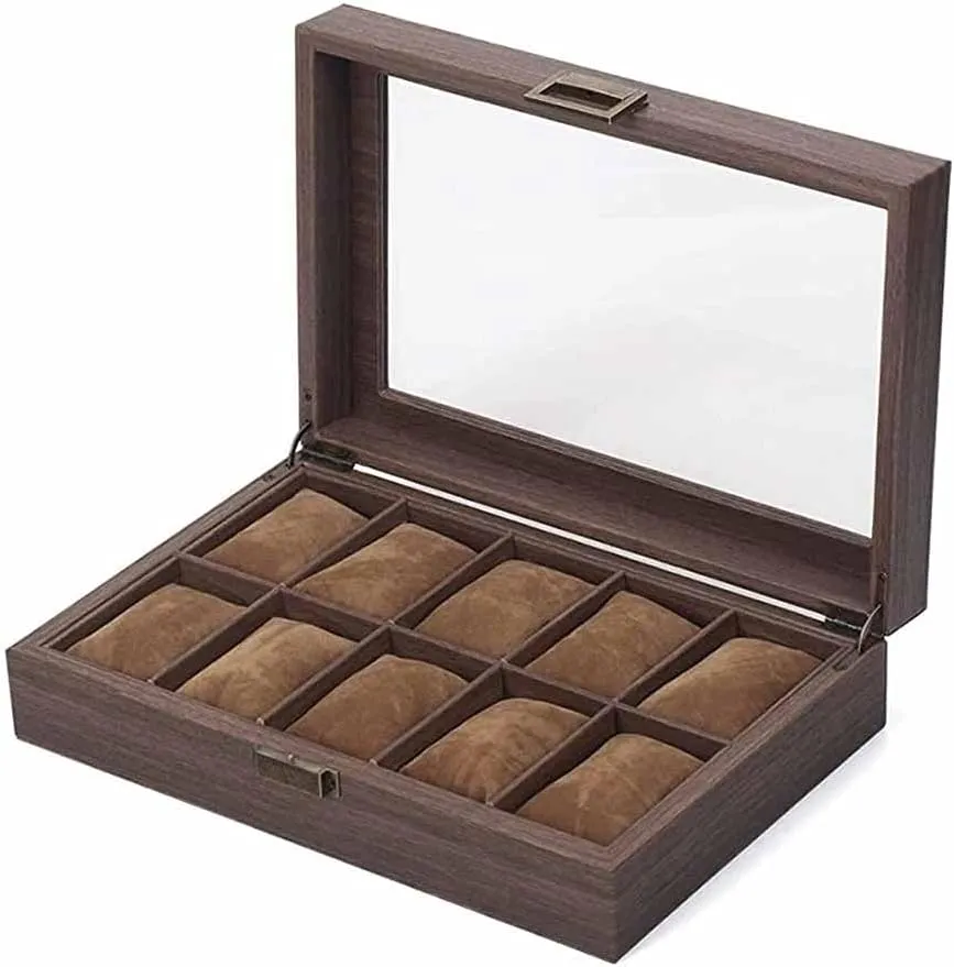 Glass with 10 Grids for 10 Watches Watches Storage/Watch butter Case/Watch Box Made of PU Leather in Wood Grain and Real 