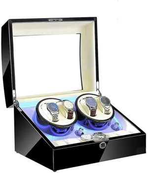 Gloss Black consent alcohol Watch Winder Box for 4 Automatic Watches 6 Storage, Blue LED Light, 4 Rotation Mode Setting, Wood High 