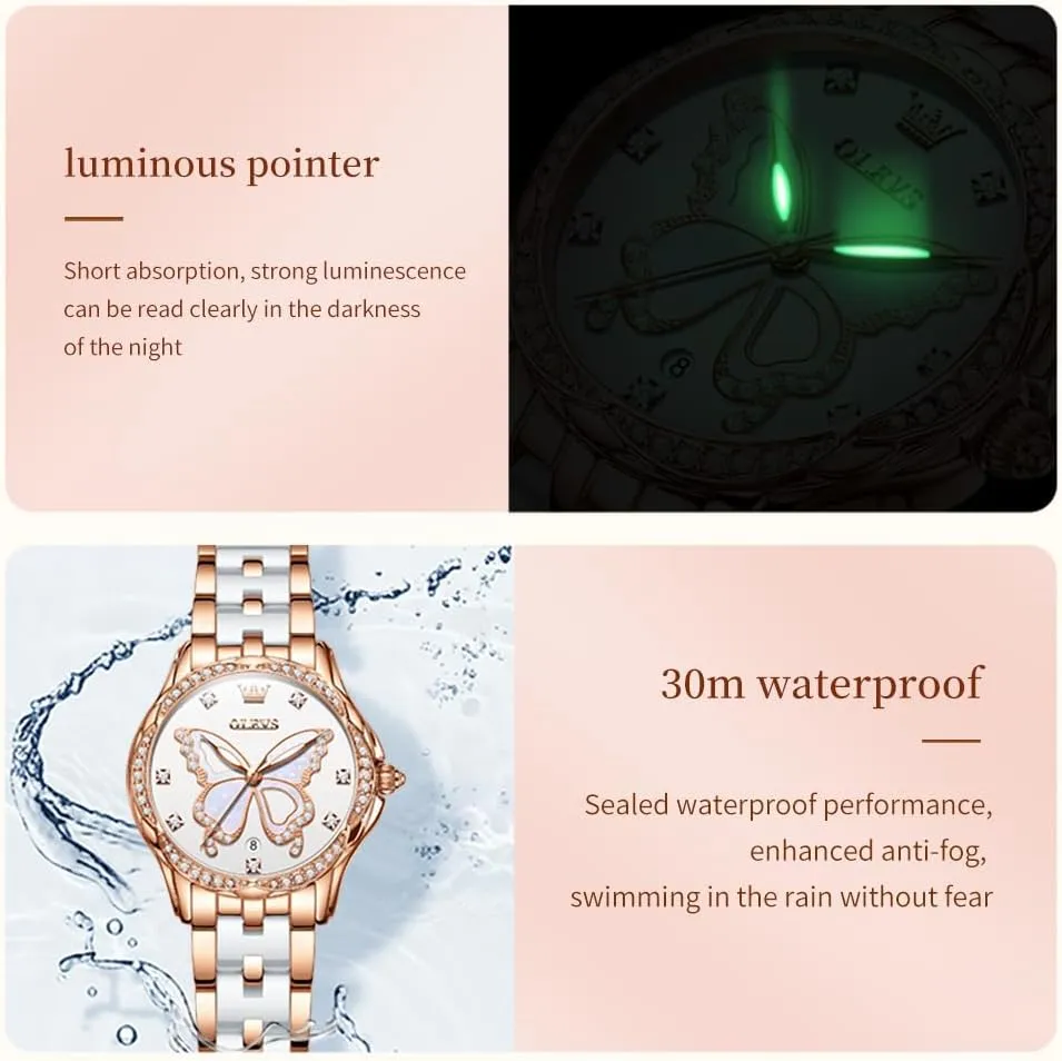 Gold Diamond Elegant Ladies balcony steal Wrist Watch Stainless Steel Ceramic Two Tone Bracelet Waterproof Luminous OLEVS Womens Watch Rose 