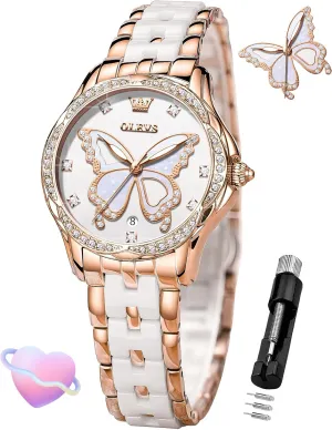 Gold Diamond Elegant Ladies balcony steal Wrist Watch Stainless Steel Ceramic Two Tone Bracelet Waterproof Luminous OLEVS Womens Watch Rose 