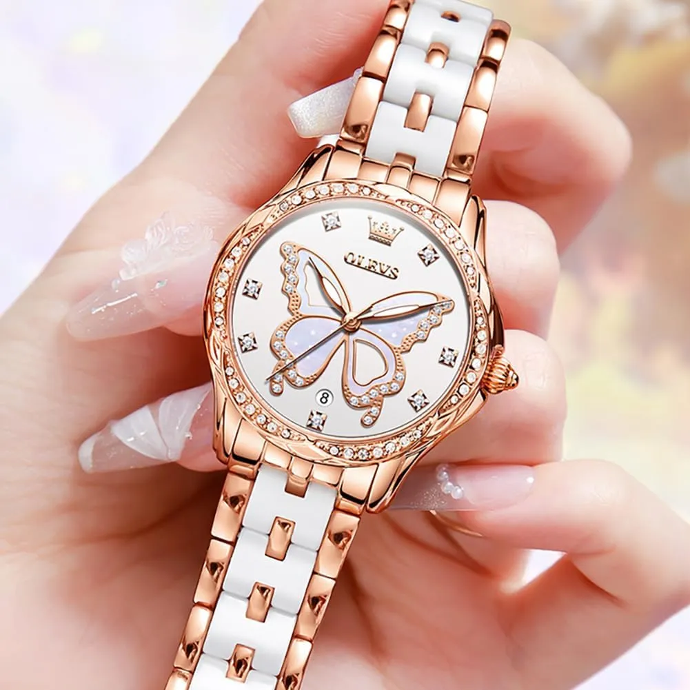 Gold Diamond Elegant Ladies balcony steal Wrist Watch Stainless Steel Ceramic Two Tone Bracelet Waterproof Luminous OLEVS Womens Watch Rose 