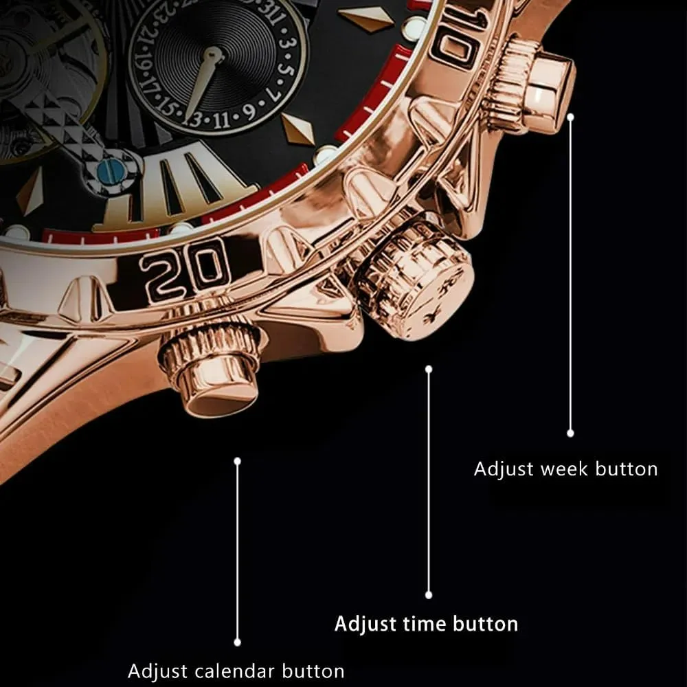 gosling Men Luxury Automatic Mechanical Watch Self Winding Stainless Steel Chronograph Waterproof Luminous Moon Phase Day Date Wrist Watches New Skeleton Tourbillon Mechanical Watch for 