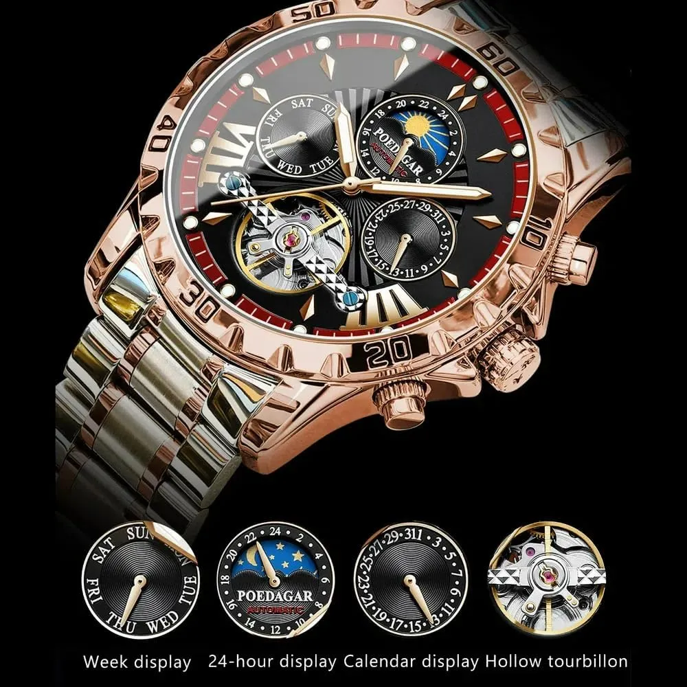 gosling Men Luxury Automatic Mechanical Watch Self Winding Stainless Steel Chronograph Waterproof Luminous Moon Phase Day Date Wrist Watches New Skeleton Tourbillon Mechanical Watch for 