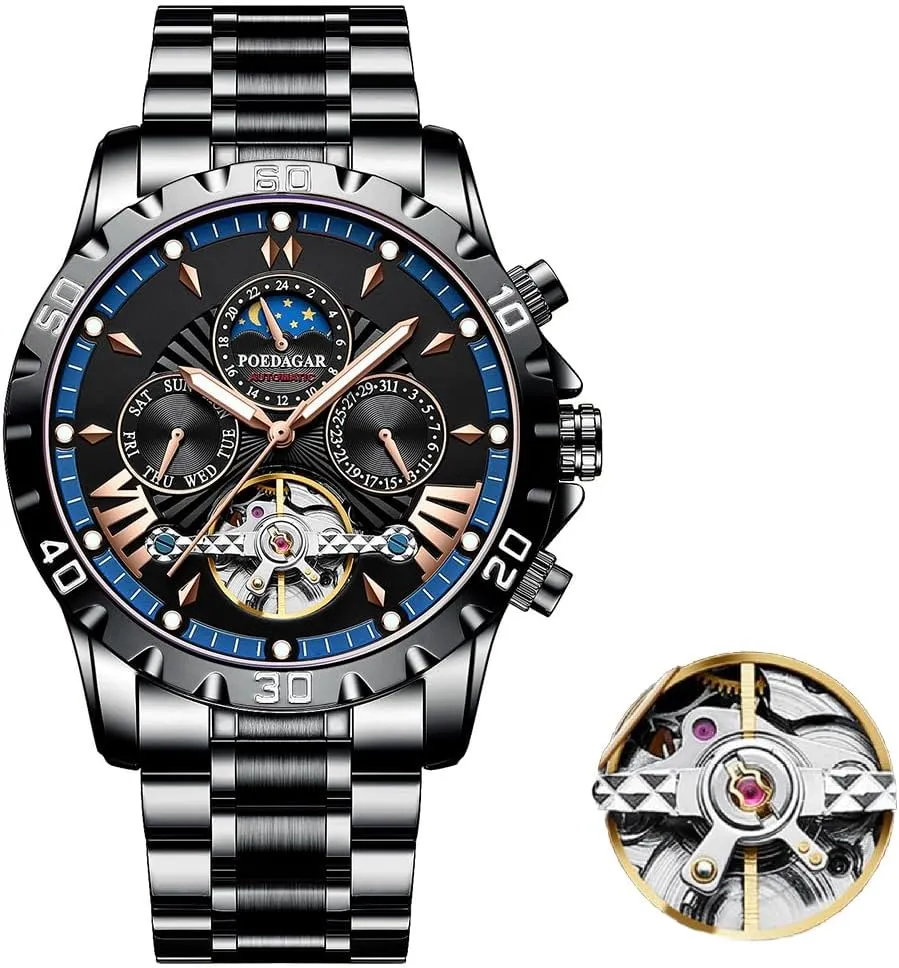 gosling Men Luxury Automatic Mechanical Watch Self Winding Stainless Steel Chronograph Waterproof Luminous Moon Phase Day Date Wrist Watches New Skeleton Tourbillon Mechanical Watch for 