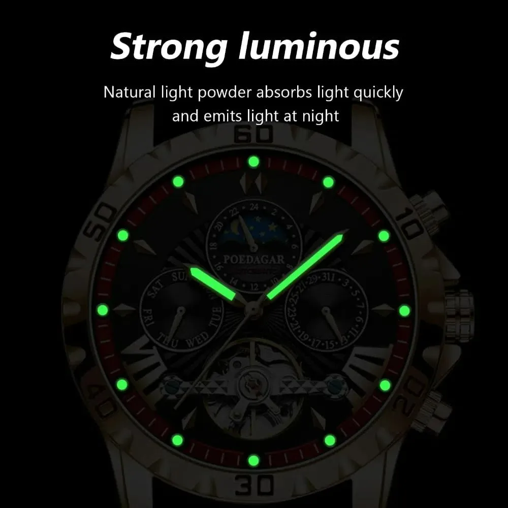 gosling Men Luxury Automatic Mechanical Watch Self Winding Stainless Steel Chronograph Waterproof Luminous Moon Phase Day Date Wrist Watches New Skeleton Tourbillon Mechanical Watch for 