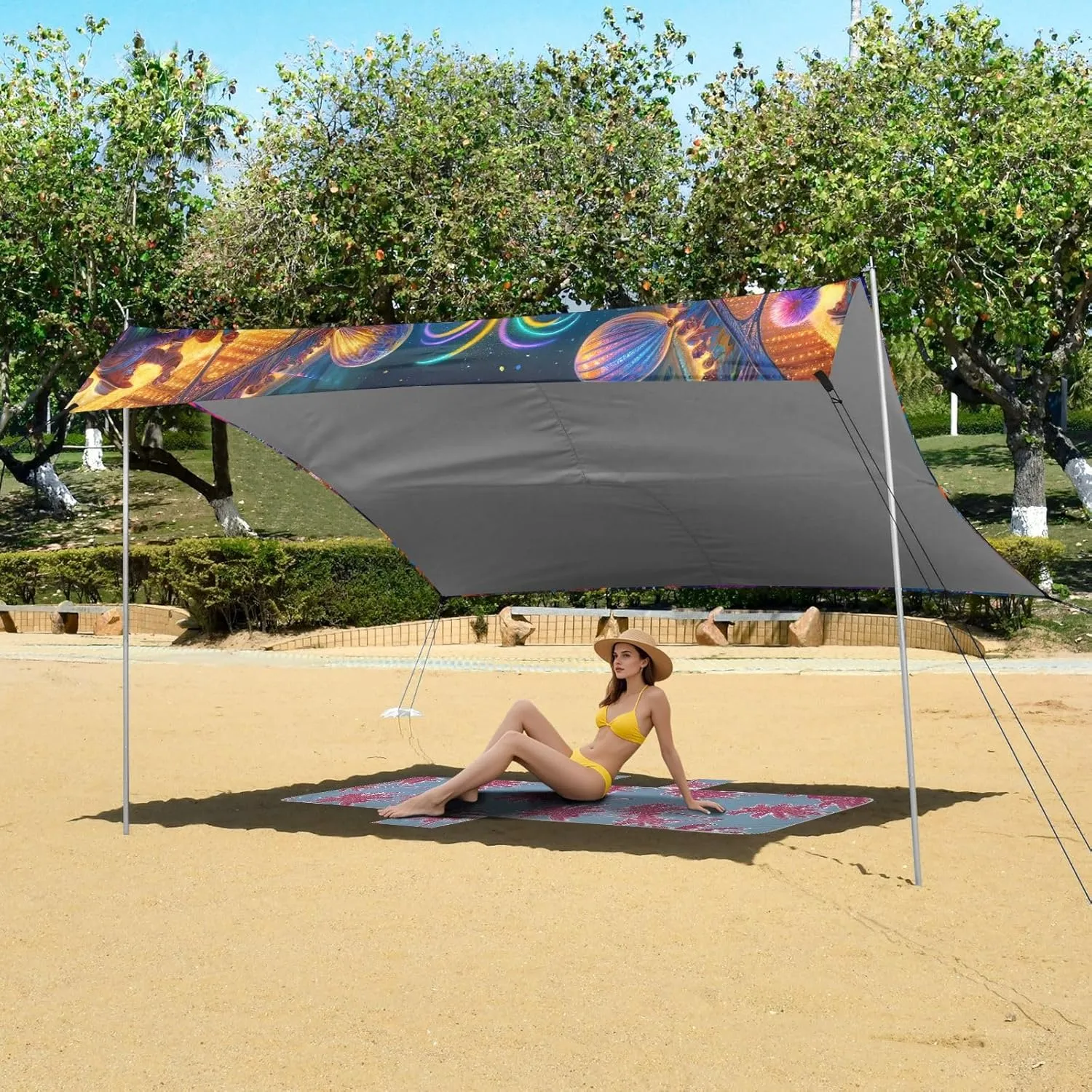 Gras Carnival Festival Camping Shelter Backyard Shades epitome brightness potato convention pierce Windproof with Sandbags Anchor Beach Canopy Tent Sun Shade Outdoor Patio 9.2 ?? 10.5 FT Mardi 