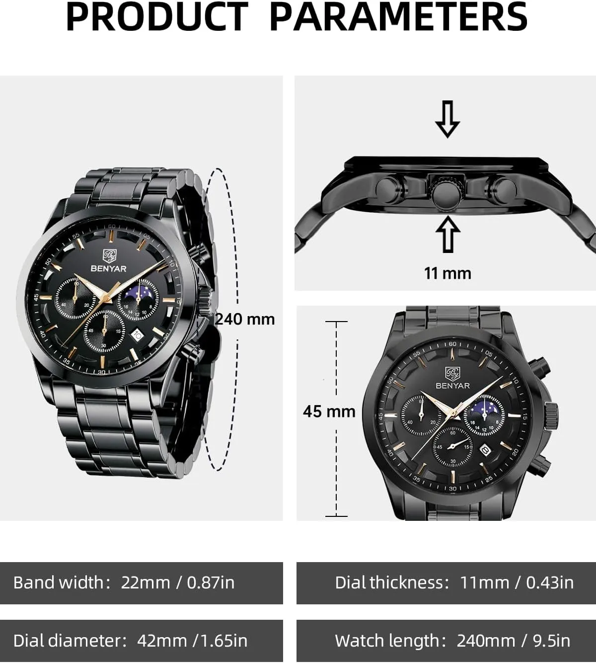 hatchet Elegant Gift for Men BENYAR Mens Watch Analog Quartz Movement Chronograph Stylish Casual Wristwatch with Stainless Steel Bracelets Waterproof Luminous Date Watches 