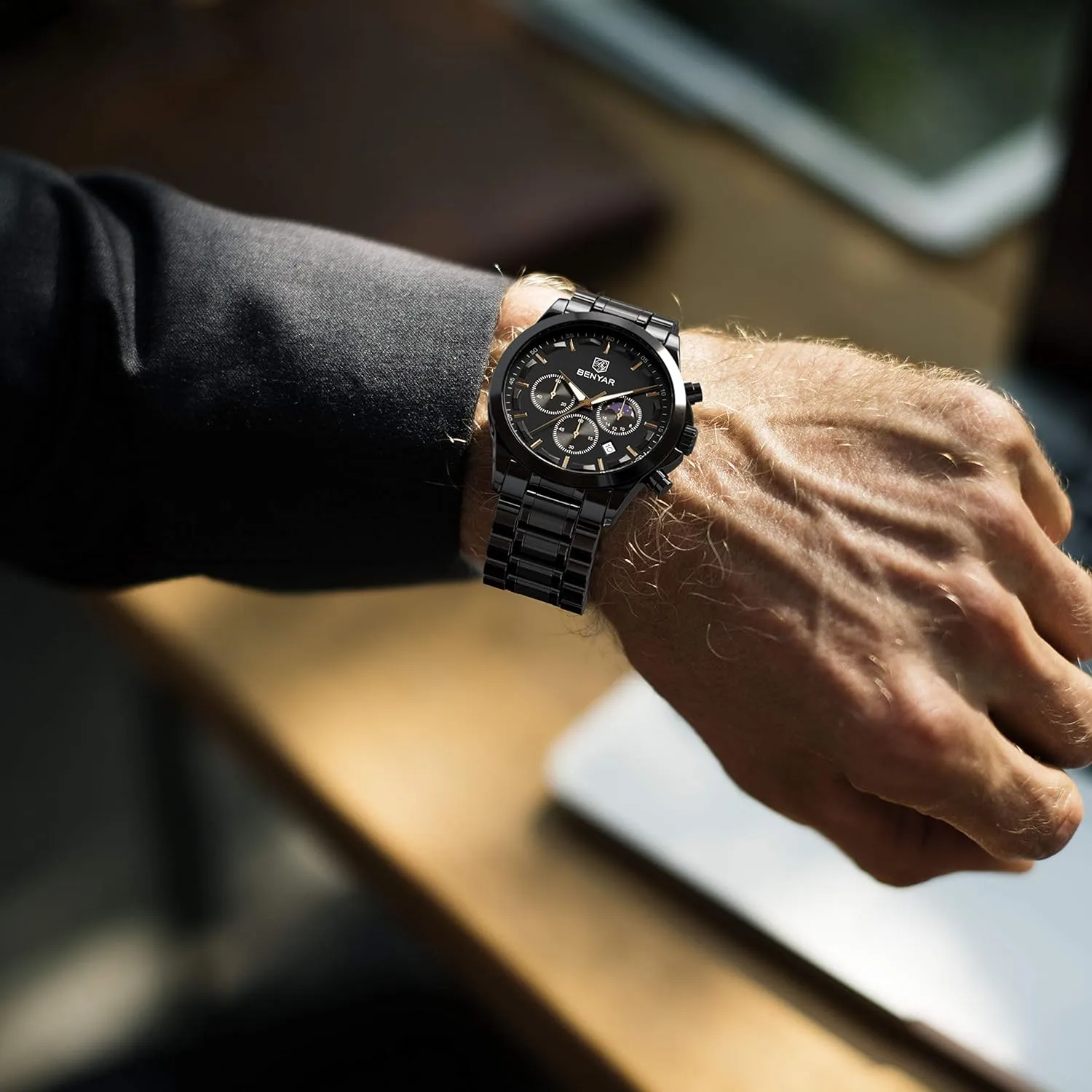 hatchet Elegant Gift for Men BENYAR Mens Watch Analog Quartz Movement Chronograph Stylish Casual Wristwatch with Stainless Steel Bracelets Waterproof Luminous Date Watches 