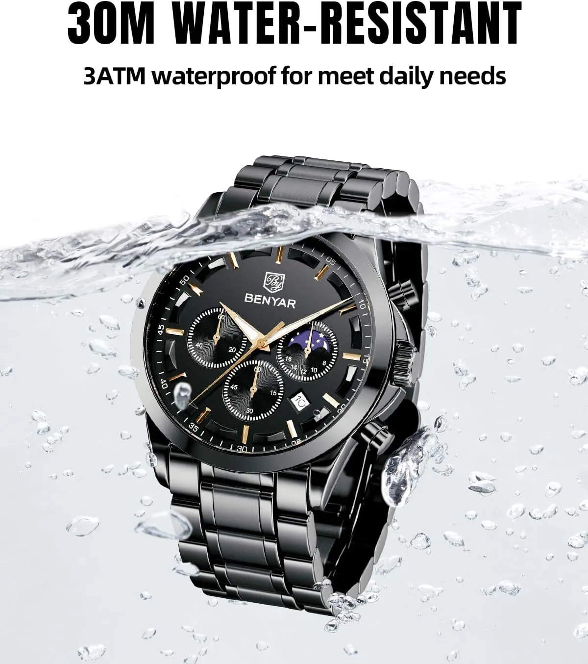 hatchet Elegant Gift for Men BENYAR Mens Watch Analog Quartz Movement Chronograph Stylish Casual Wristwatch with Stainless Steel Bracelets Waterproof Luminous Date Watches 