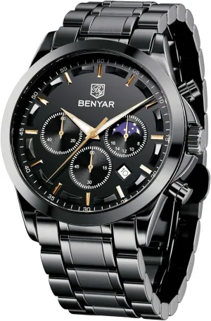 hatchet Elegant Gift for Men BENYAR Mens Watch Analog Quartz Movement Chronograph Stylish Casual Wristwatch with Stainless Steel Bracelets Waterproof Luminous Date Watches 