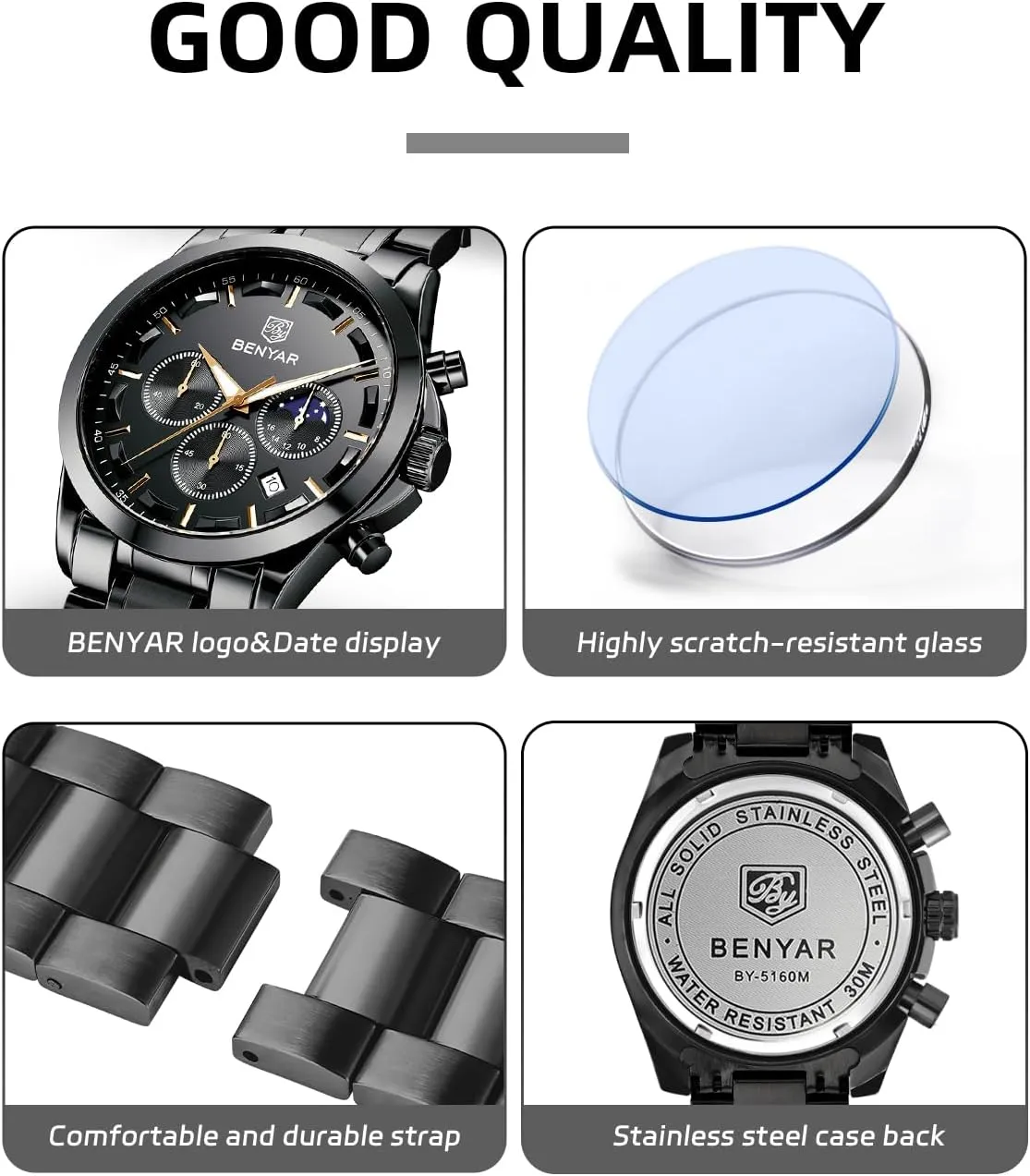 hatchet Elegant Gift for Men BENYAR Mens Watch Analog Quartz Movement Chronograph Stylish Casual Wristwatch with Stainless Steel Bracelets Waterproof Luminous Date Watches 