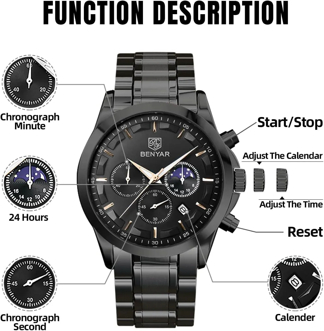 hatchet Elegant Gift for Men BENYAR Mens Watch Analog Quartz Movement Chronograph Stylish Casual Wristwatch with Stainless Steel Bracelets Waterproof Luminous Date Watches 