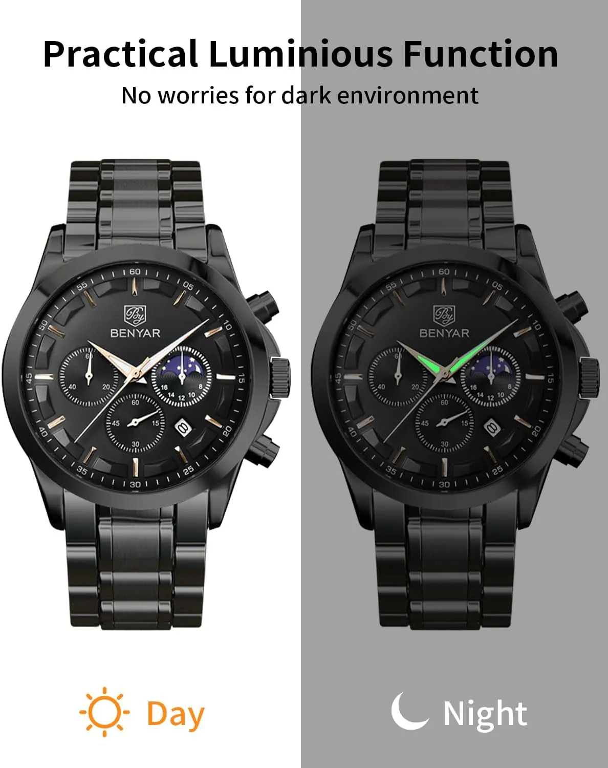 hatchet Elegant Gift for Men BENYAR Mens Watch Analog Quartz Movement Chronograph Stylish Casual Wristwatch with Stainless Steel Bracelets Waterproof Luminous Date Watches 