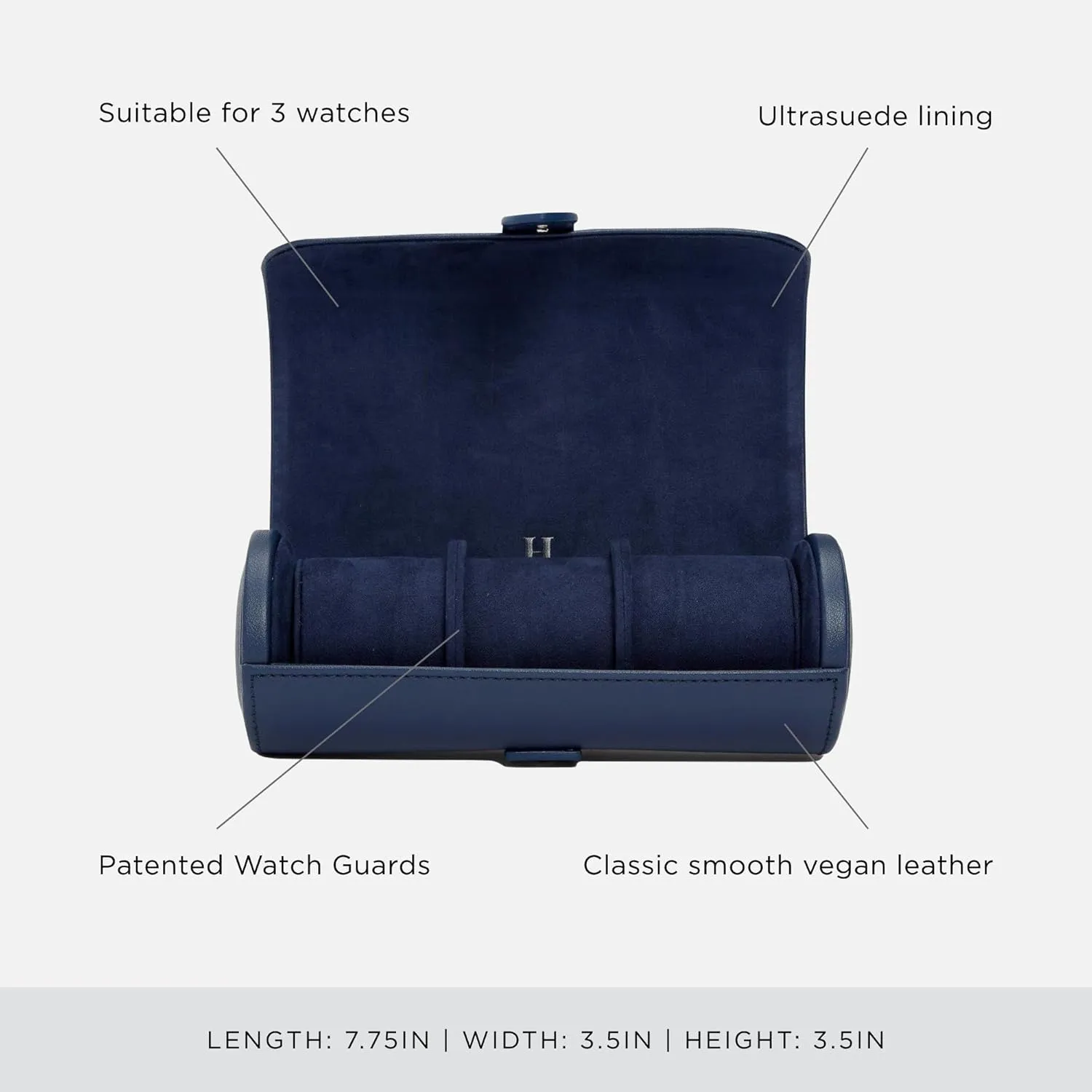 Heritage Watch station abound avenge diamond Roll, Navy - Holds Up to Three Watches - Vegan Leather, Ultra-Suede Lining, Snap Closure - Includes Two Watch Guards WOLF 