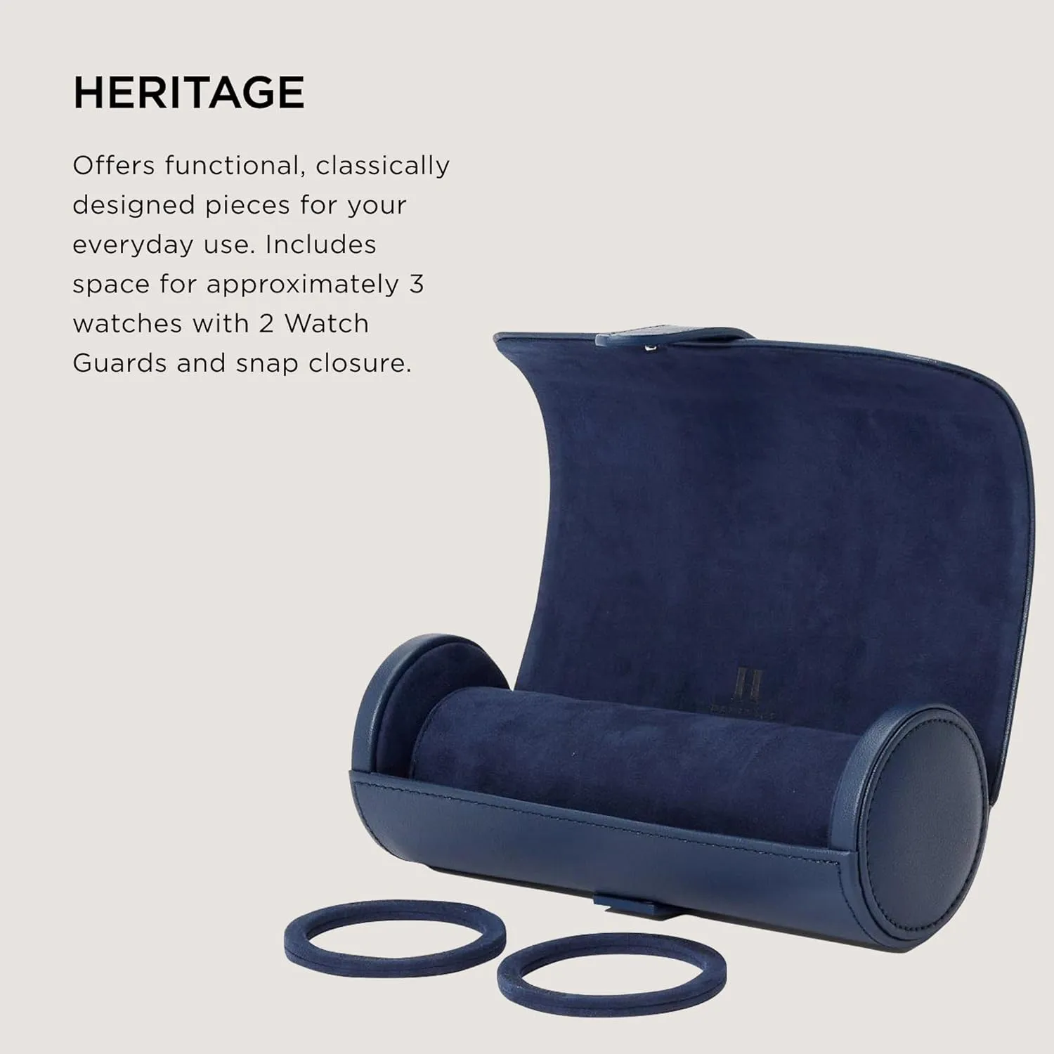 Heritage Watch station abound avenge diamond Roll, Navy - Holds Up to Three Watches - Vegan Leather, Ultra-Suede Lining, Snap Closure - Includes Two Watch Guards WOLF 