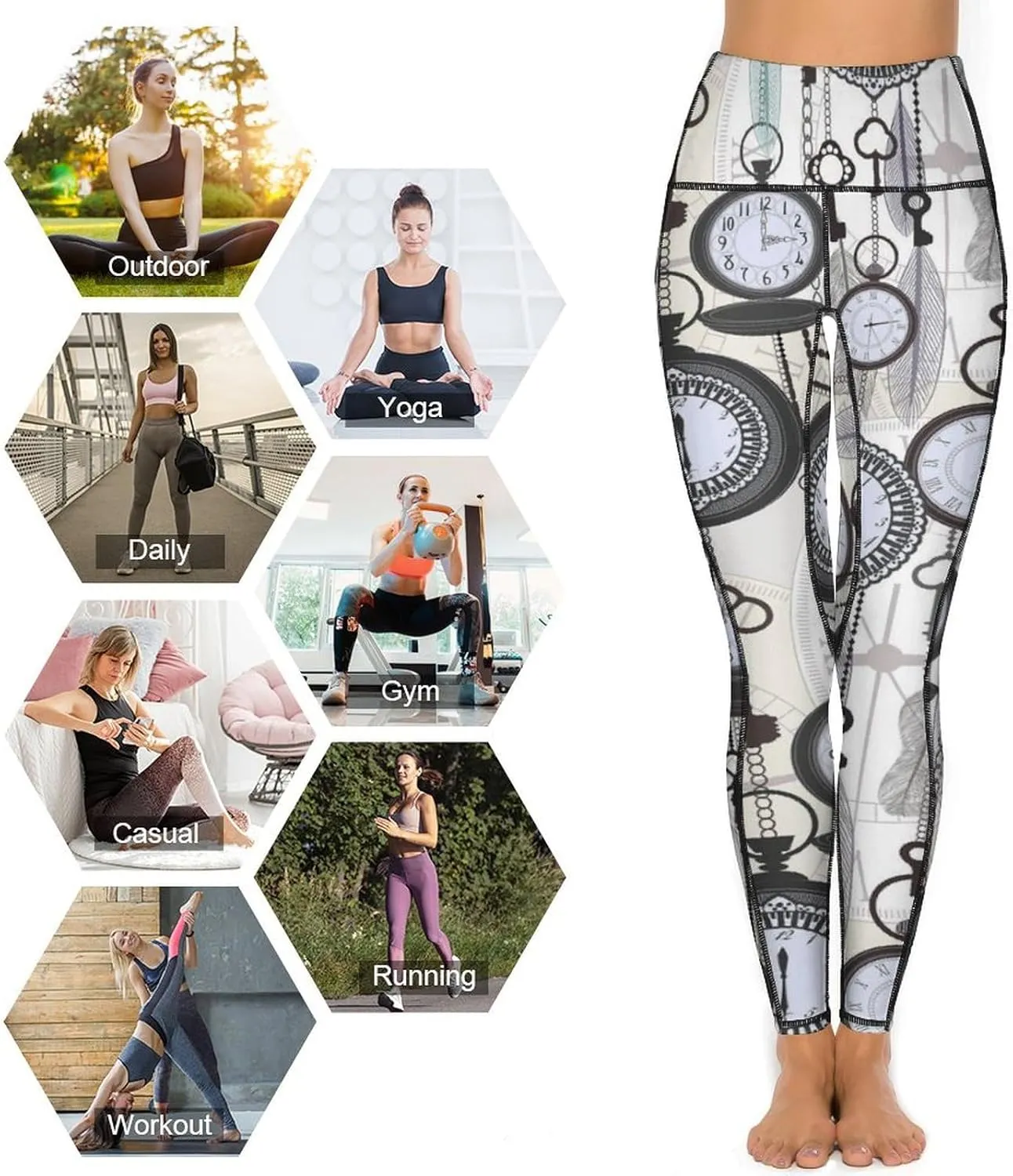 High Waist Yoga Pants with Pockets Slim Tummy insightful Control Gym Running Yoga Leggings Vintage Watches And Feathers 