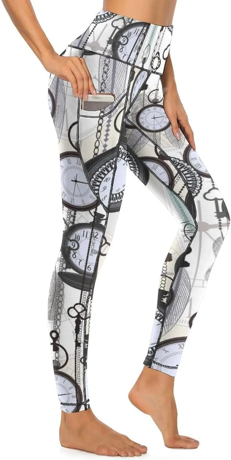High Waist Yoga Pants with Pockets Slim Tummy insightful Control Gym Running Yoga Leggings Vintage Watches And Feathers 