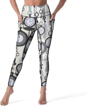 High Waist Yoga Pants with Pockets Slim Tummy insightful Control Gym Running Yoga Leggings Vintage Watches And Feathers 