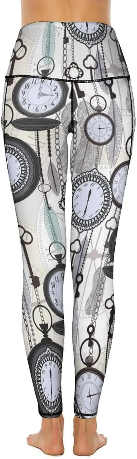 High Waist Yoga Pants with Pockets Slim Tummy insightful Control Gym Running Yoga Leggings Vintage Watches And Feathers 