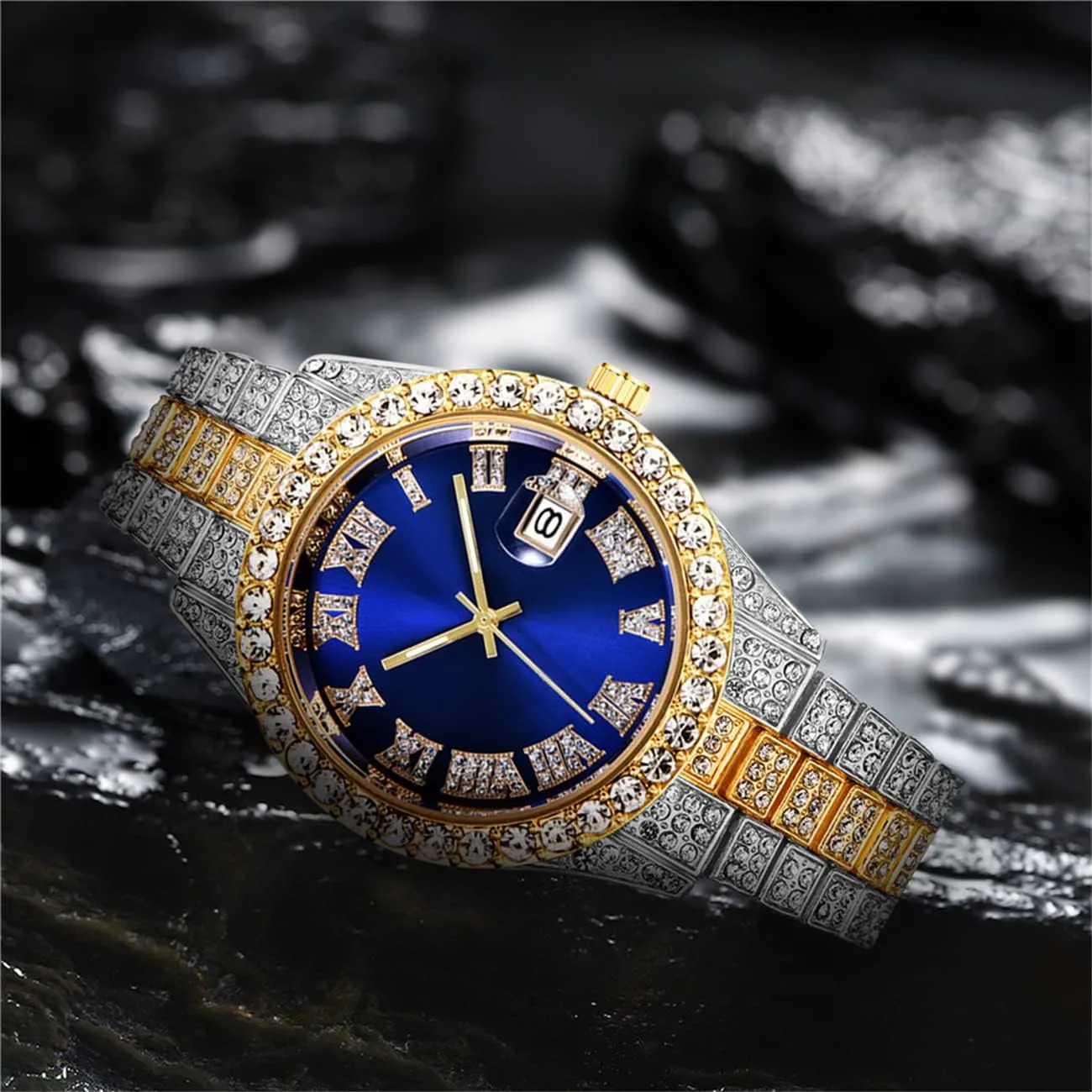 Hip loosely Hop Watch with Roman Scale Calendar Crystal Rhinestone Watches Stainless Steel Iced-Out Wrist Watch CdyBox Men 