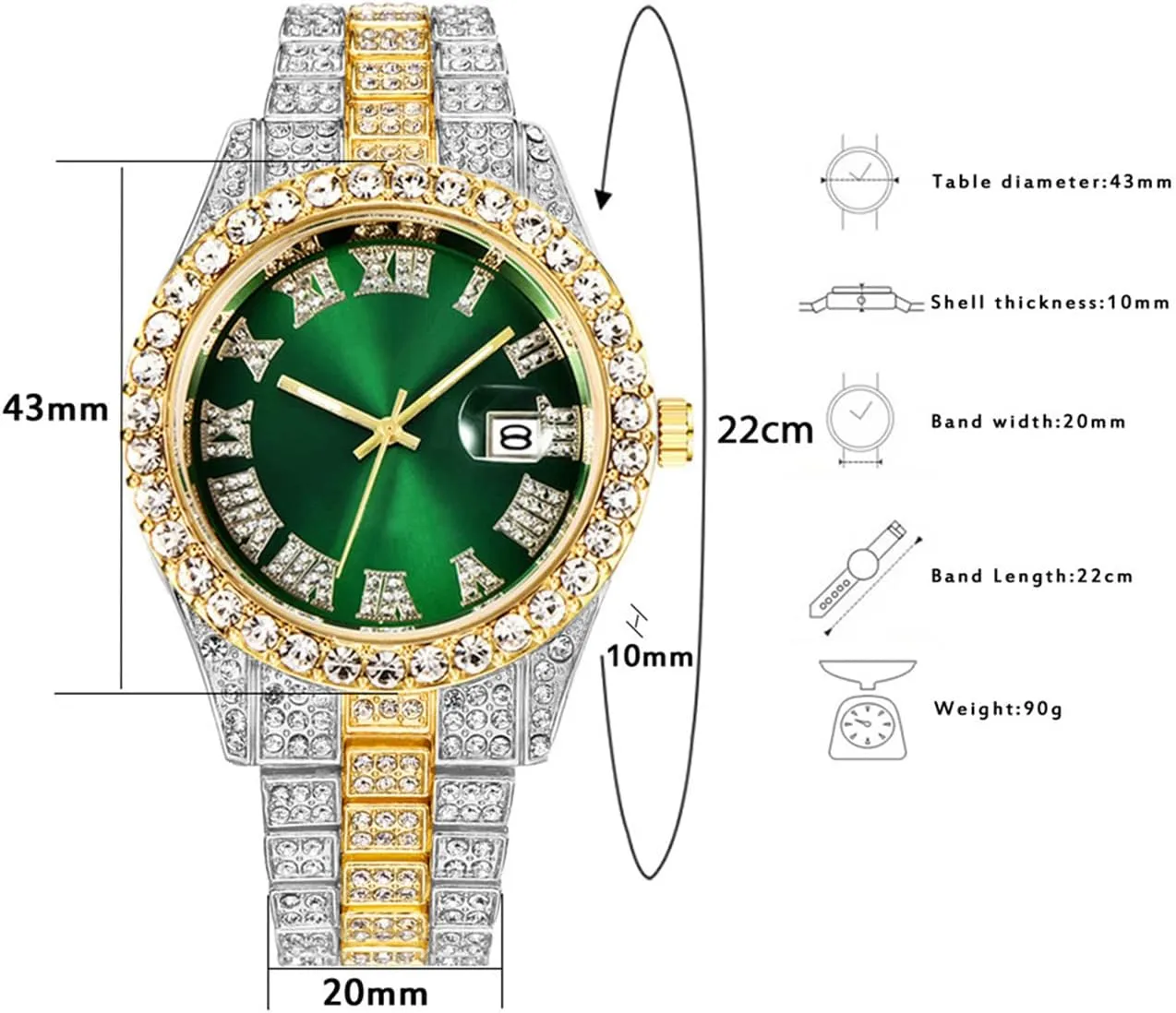 Hip loosely Hop Watch with Roman Scale Calendar Crystal Rhinestone Watches Stainless Steel Iced-Out Wrist Watch CdyBox Men 