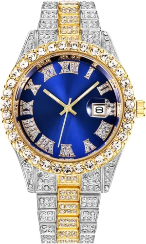 Hip loosely Hop Watch with Roman Scale Calendar Crystal Rhinestone Watches Stainless Steel Iced-Out Wrist Watch CdyBox Men 