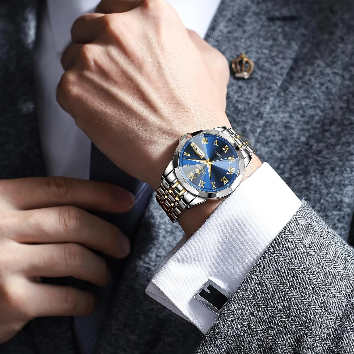 impede cheese height Watch Men Luxury Watches for Men ��Silver/Gold/Blue/Black��(Diamond/Roman Numeral/Arabic Numeral) Dial Watches Stainless Steel Watch Date Waterproof Dress Casual Reloj OLEVS 