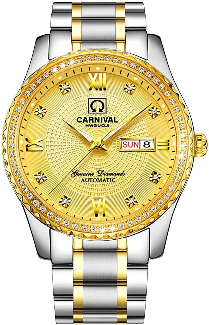 Inlay Crystals Watch MASTOP Men's unwieldy Business Automatic Self Wind Watch Stainless Steel Waterproof Luminous Bezel 